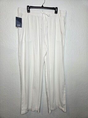 Gap Women's White Linen Pants Size XL Wide Leg, Drawstring Waist, Pockets NwT